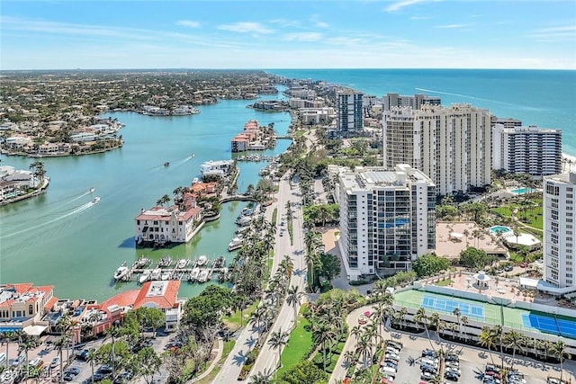 aerial view with a water view and a city view