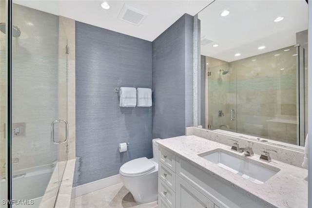 bathroom with toilet, recessed lighting, vanity, visible vents, and a stall shower