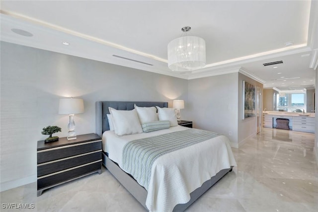 bedroom with marble finish floor, crown molding, a raised ceiling, visible vents, and baseboards