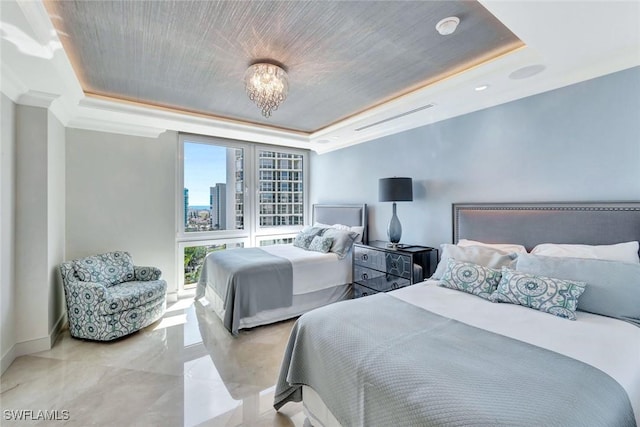 bedroom featuring a tray ceiling, an inviting chandelier, wooden ceiling, and baseboards