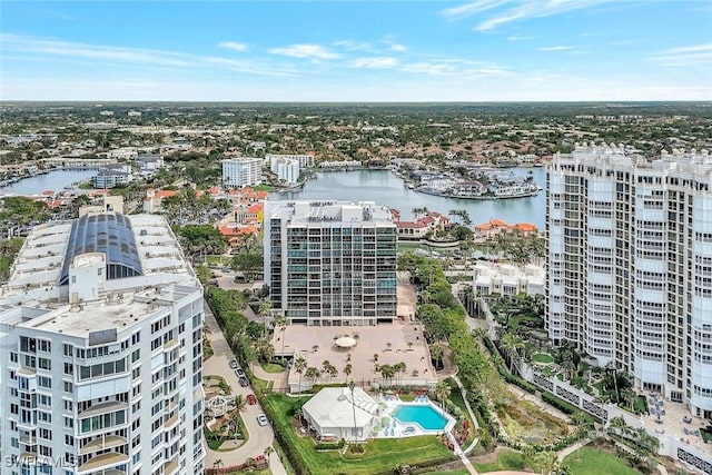 bird's eye view featuring a view of city and a water view