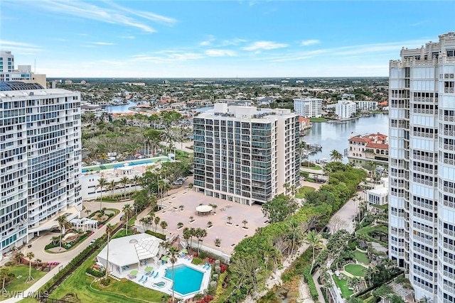 bird's eye view with a view of city and a water view