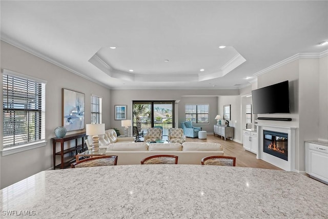 living area with wood finished floors, a tray ceiling, a glass covered fireplace, and ornamental molding