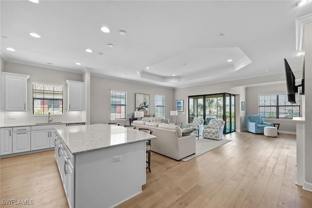 kitchen featuring light wood-style flooring, a kitchen island, open floor plan, tasteful backsplash, and a raised ceiling