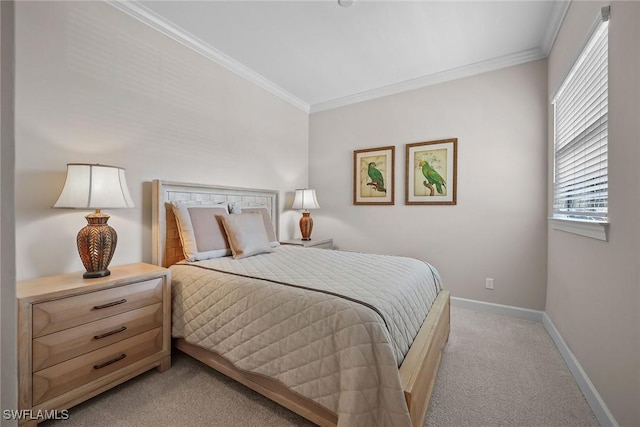 bedroom featuring ornamental molding, light colored carpet, and baseboards