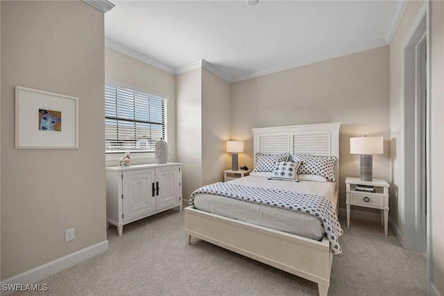 bedroom with light colored carpet, crown molding, and baseboards