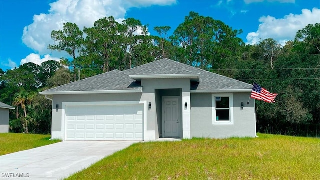 single story home with stucco siding, a shingled roof, concrete driveway, a front yard, and a garage