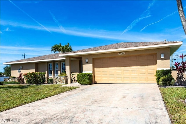 ranch-style house featuring an attached garage, a front yard, concrete driveway, and stucco siding