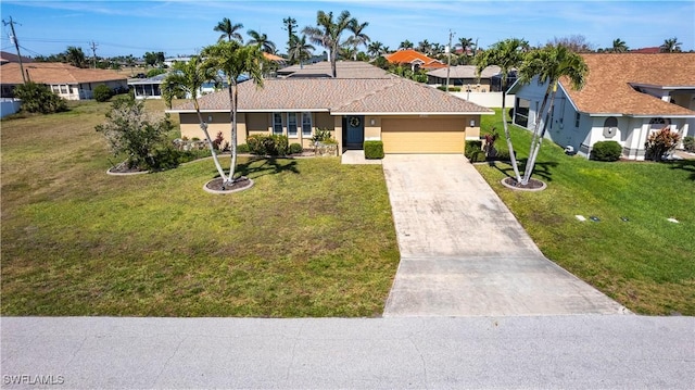 ranch-style home featuring a residential view, concrete driveway, and a front lawn