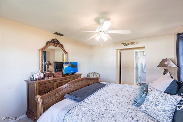 bedroom with ceiling fan, visible vents, and baseboards