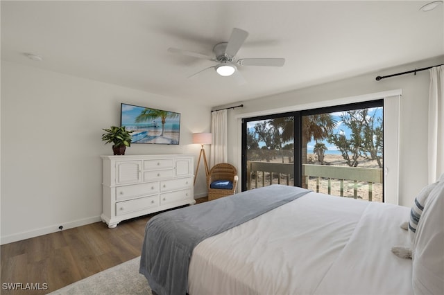 bedroom with access to exterior, baseboards, dark wood-style floors, and a ceiling fan