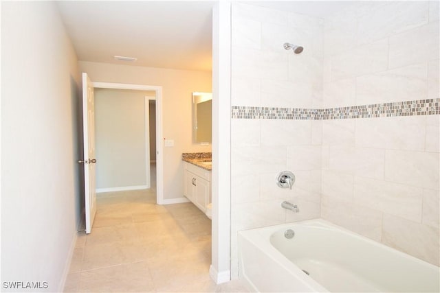 full bath featuring bathtub / shower combination, visible vents, vanity, tile patterned flooring, and baseboards