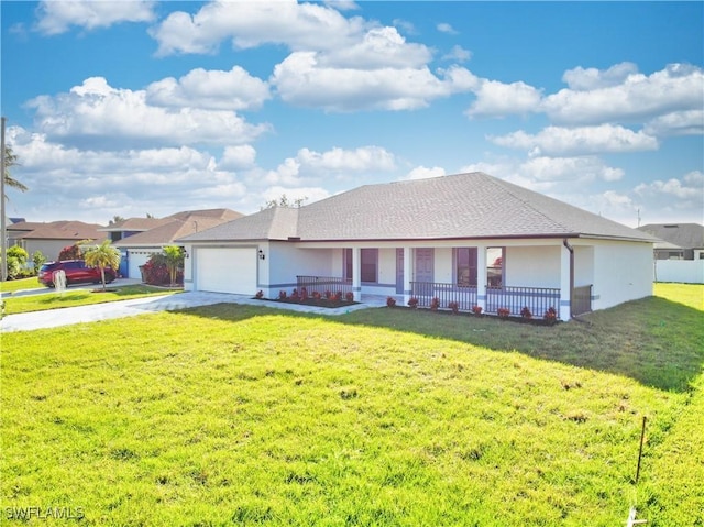 single story home featuring a garage, driveway, covered porch, a front yard, and stucco siding