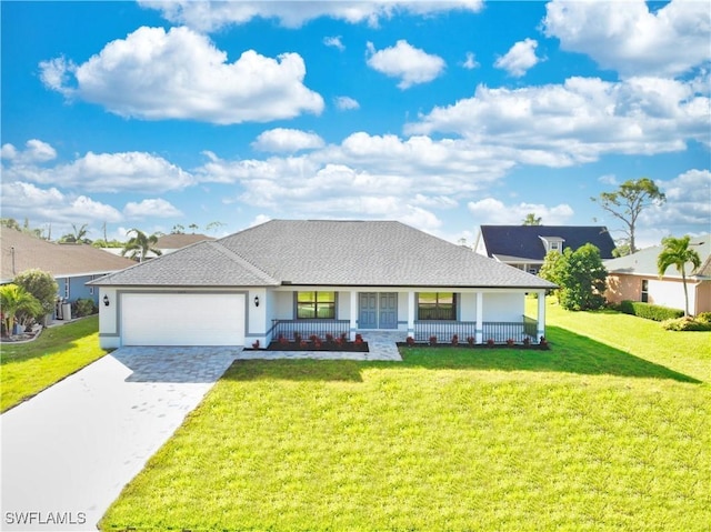 ranch-style home with decorative driveway, covered porch, an attached garage, and a front lawn