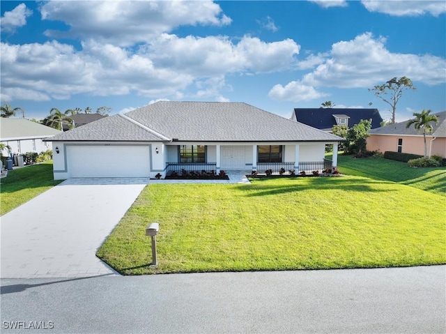 single story home featuring driveway, a shingled roof, an attached garage, covered porch, and a front yard