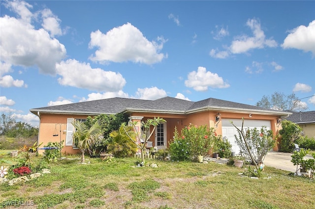 view of front of property featuring driveway, a front yard, an attached garage, and stucco siding