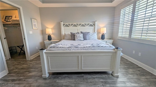 bedroom with dark wood finished floors, a spacious closet, and baseboards