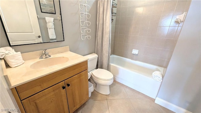 full bathroom with vanity, shower / bath combination with curtain, tile patterned flooring, and toilet