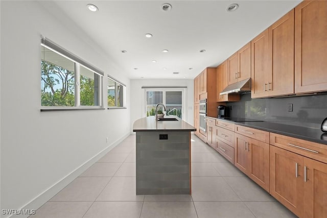 16891 Captiva Dr, Captiva, FL 33924 - kitchen with tasteful backsplash, baseboards, under cabinet range hood, light tile patterned floors, and a sink