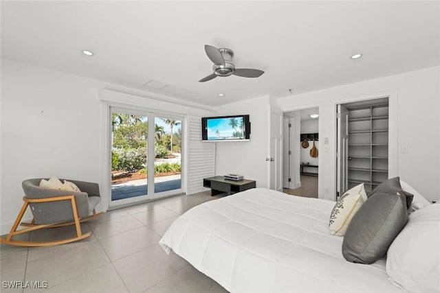 16891 Captiva Dr, Captiva, FL 33924 - tiled bedroom with recessed lighting, ceiling fan, and access to outside