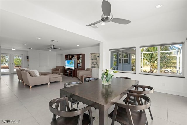16891 Captiva Dr, Captiva, FL 33924 - dining space featuring light tile patterned floors, visible vents, recessed lighting, ceiling fan, and french doors