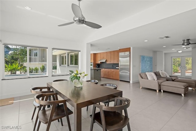 16891 Captiva Dr, Captiva, FL 33924 - dining area featuring light tile patterned floors, a ceiling fan, visible vents, baseboards, and recessed lighting