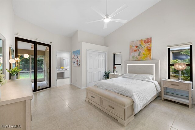 7735 Citrus Hill Ln, Naples, FL 34109 - bedroom featuring high vaulted ceiling, multiple windows, light tile patterned floors, and access to outside