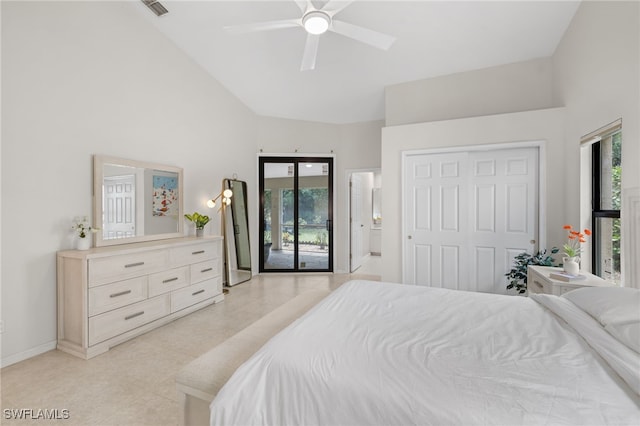 7735 Citrus Hill Ln, Naples, FL 34109 - bedroom featuring access to exterior, high vaulted ceiling, ceiling fan, and baseboards