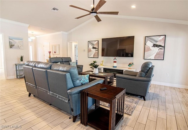 living room featuring lofted ceiling, wood tiled floor, visible vents, and ornamental molding