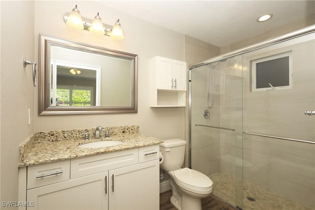 full bathroom featuring a shower stall, toilet, and vanity