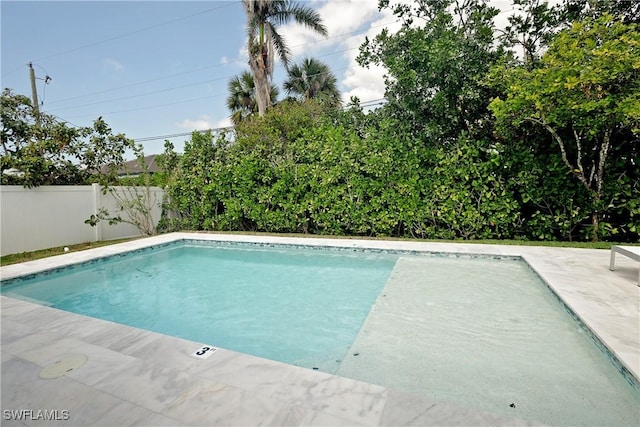 view of swimming pool with a fenced backyard, a fenced in pool, and a patio