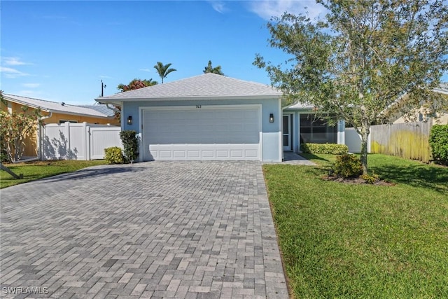 ranch-style house with decorative driveway, a front lawn, an attached garage, and fence