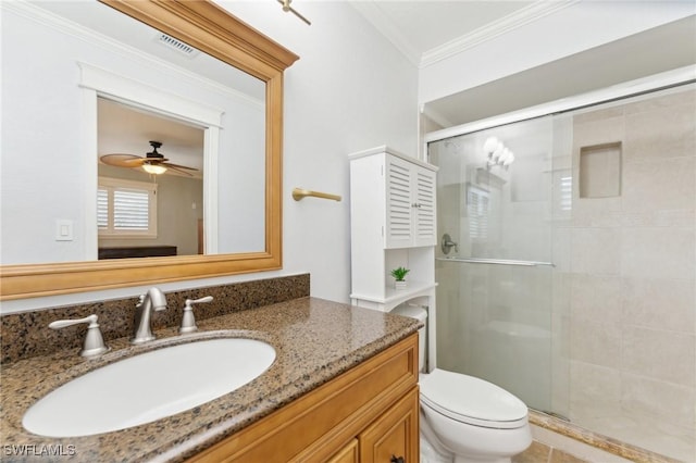 full bathroom featuring ornamental molding, visible vents, a shower stall, and toilet