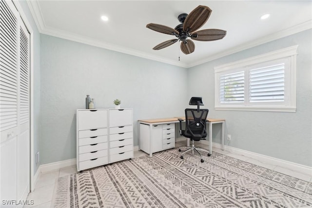 office with light tile patterned floors, recessed lighting, ornamental molding, a ceiling fan, and baseboards