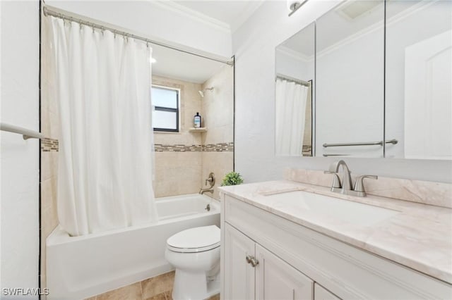 full bath with ornamental molding, vanity, toilet, and shower / bath combo with shower curtain