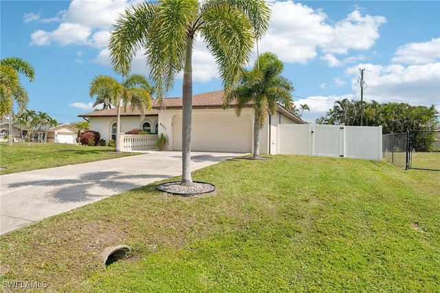 view of front of property with a garage, driveway, fence, and a gate