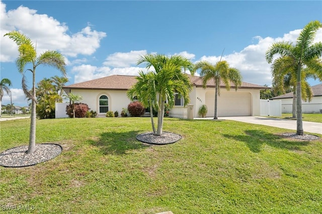 view of front of property featuring stucco siding, concrete driveway, an attached garage, fence, and a front lawn