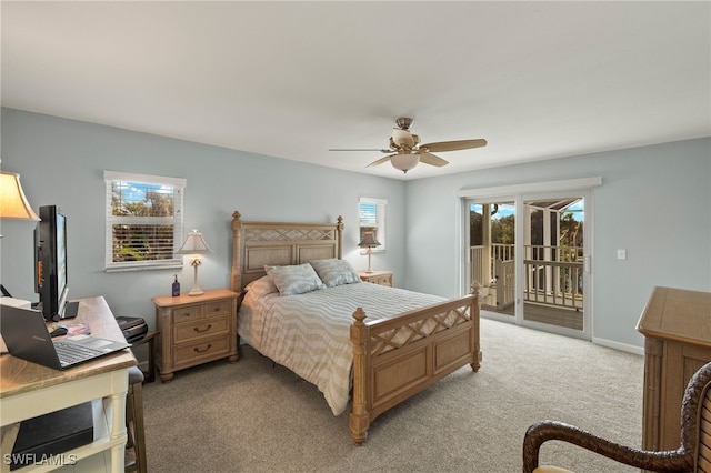 bedroom featuring access to outside, baseboards, a ceiling fan, and light colored carpet