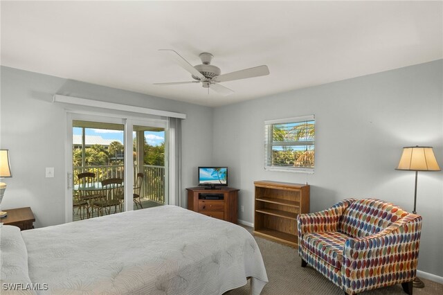 carpeted bedroom with access to exterior, baseboards, and a ceiling fan