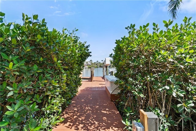 exterior space with a boat dock and a water view