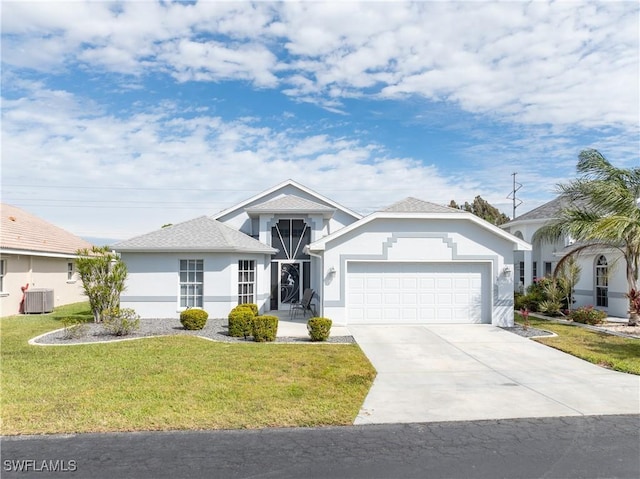 ranch-style home featuring a garage, central AC unit, a front lawn, and stucco siding