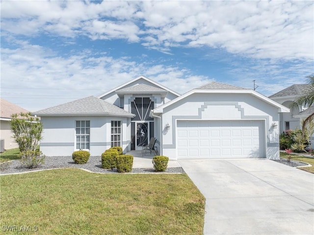 ranch-style home featuring central AC unit, concrete driveway, stucco siding, an attached garage, and a front yard