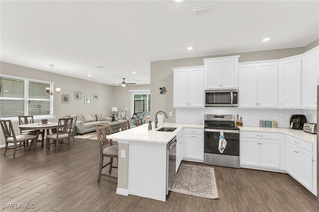 kitchen with stainless steel appliances, a peninsula, a sink, open floor plan, and decorative backsplash