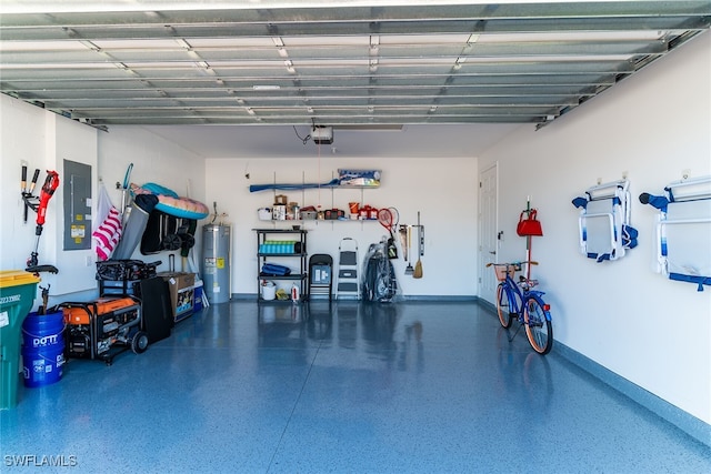 garage with electric panel, water heater, baseboards, and a garage door opener