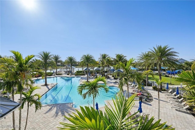 pool with a patio area