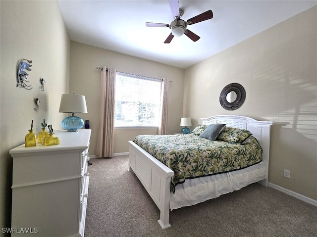 bedroom featuring ceiling fan, baseboards, and dark colored carpet