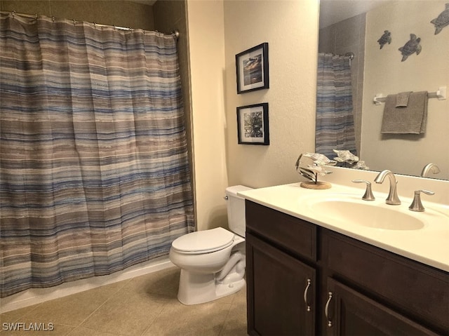 full bathroom with toilet, a shower with curtain, tile patterned flooring, and vanity