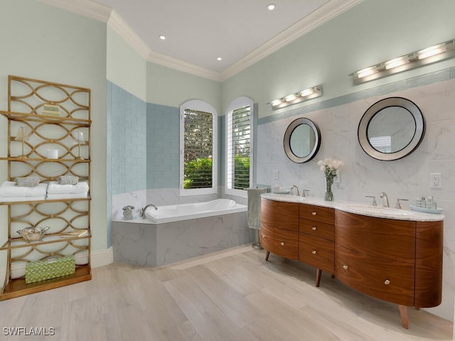 7627 Palmer Ct, Naples, FL 34113 - full bath featuring a garden tub, a sink, double vanity, and ornamental molding