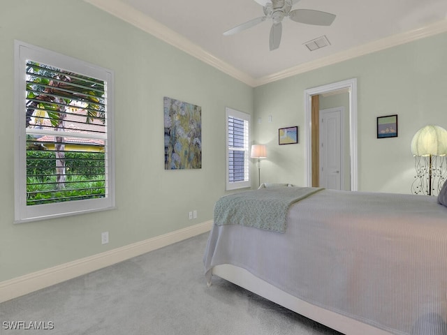 7627 Palmer Ct, Naples, FL 34113 - carpeted bedroom featuring ornamental molding, baseboards, a ceiling fan, and visible vents