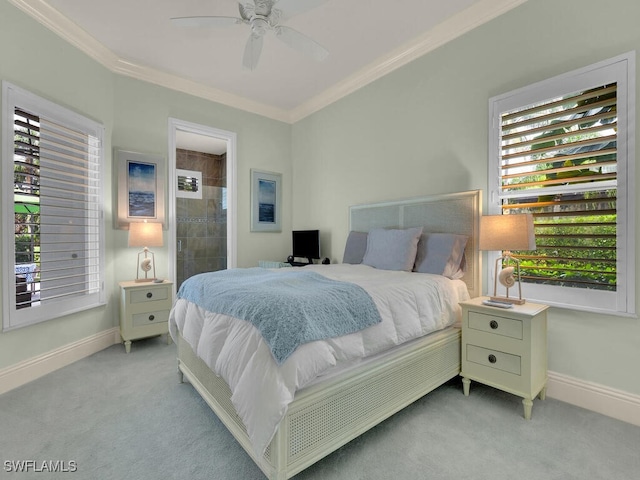 7627 Palmer Ct, Naples, FL 34113 - bedroom with ornamental molding, baseboards, a ceiling fan, and light carpet